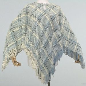 Boyne Valley Weavers Irish knit Cape Poncho Blue White Alpaca Wool Plaid OS